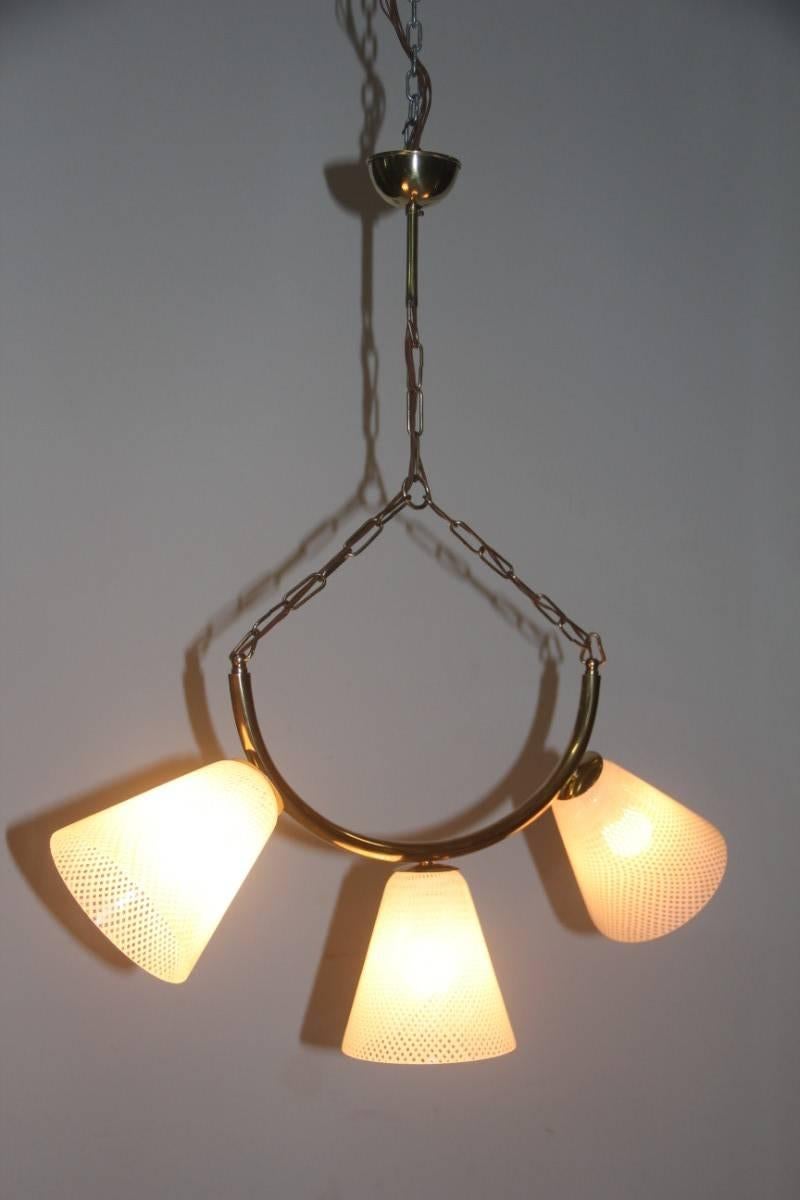 Italian Elegant 1950 Chandelier with Brass and Glass Murano Reticello For Sale