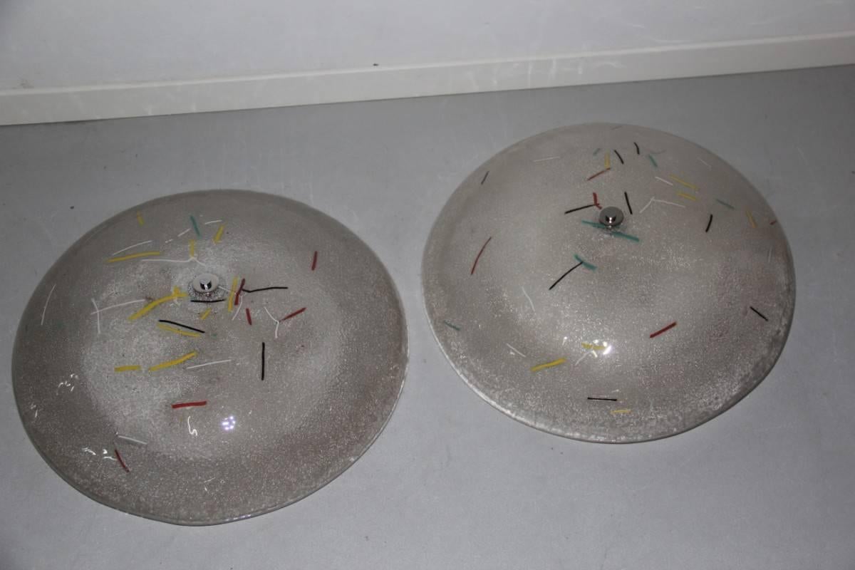 Mid-Century Modern Round Pair of Murano Ceiling Lamp 1970 Murano Glass Art Multicolor For Sale