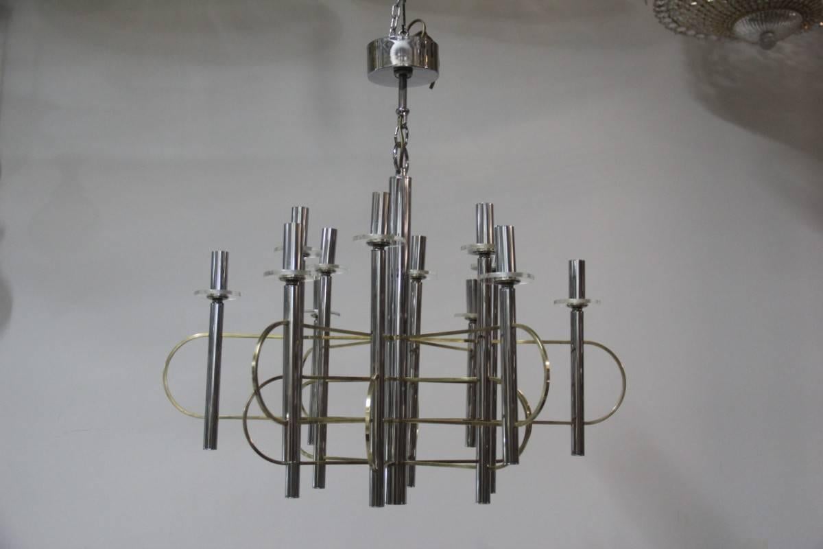 Modernist sculpture chandelier Sciolari, design 1970, brass ang chrome metal.