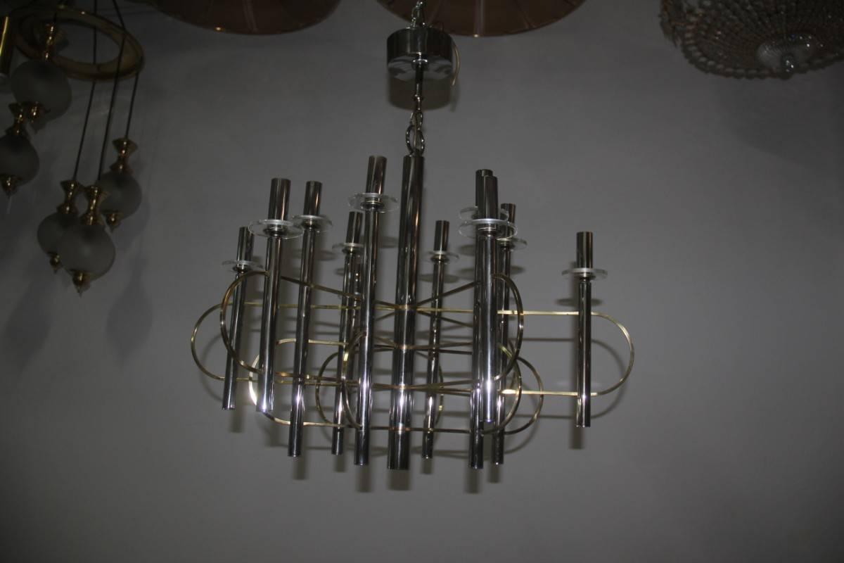 Late 20th Century Modernist Sculpture Chandelier Sciolari, Design 1970 Brass Steel Italian Design  For Sale