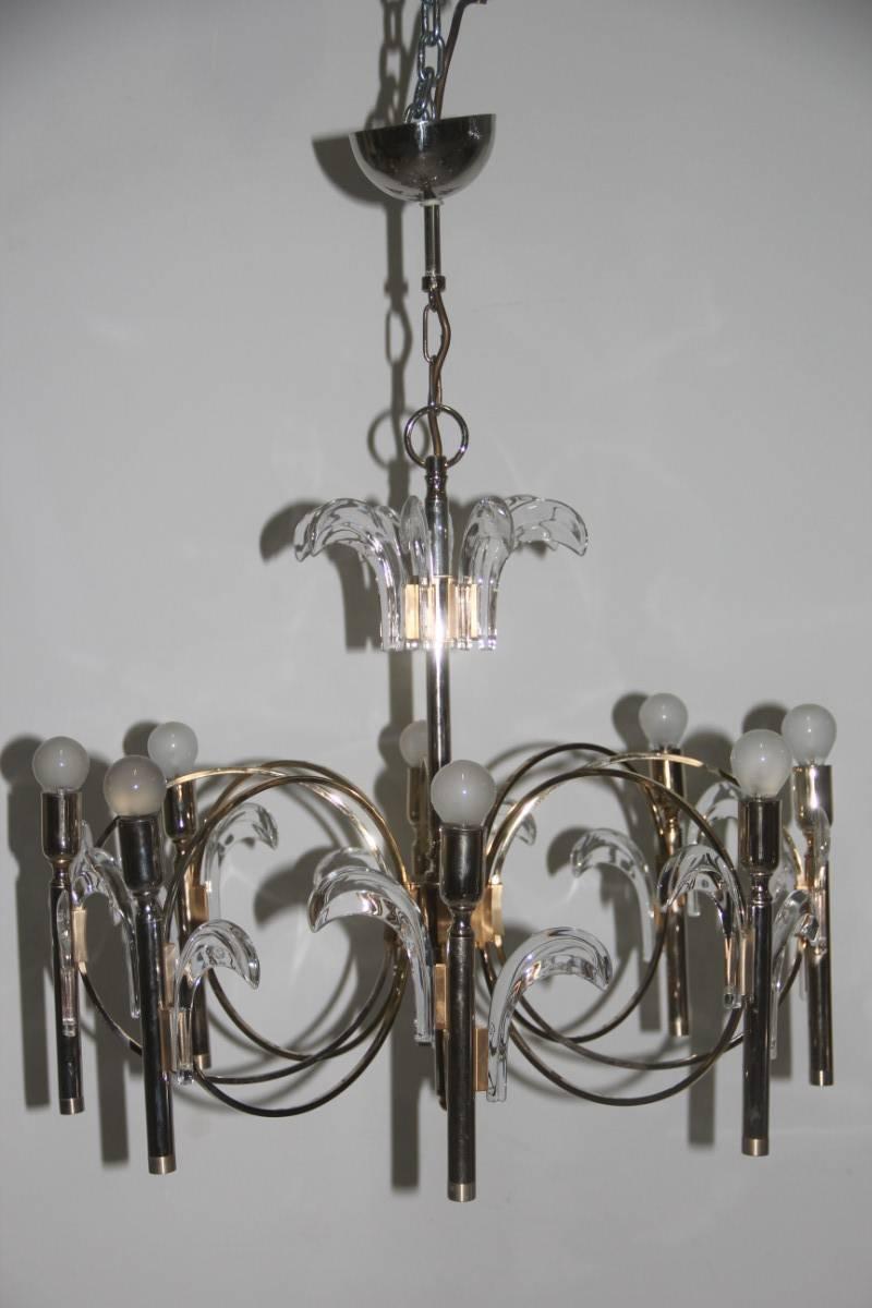Late 20th Century Sculpture Italian Design Chandelier  Crystal Brass Gold Aldo Marchetti 1970s  For Sale