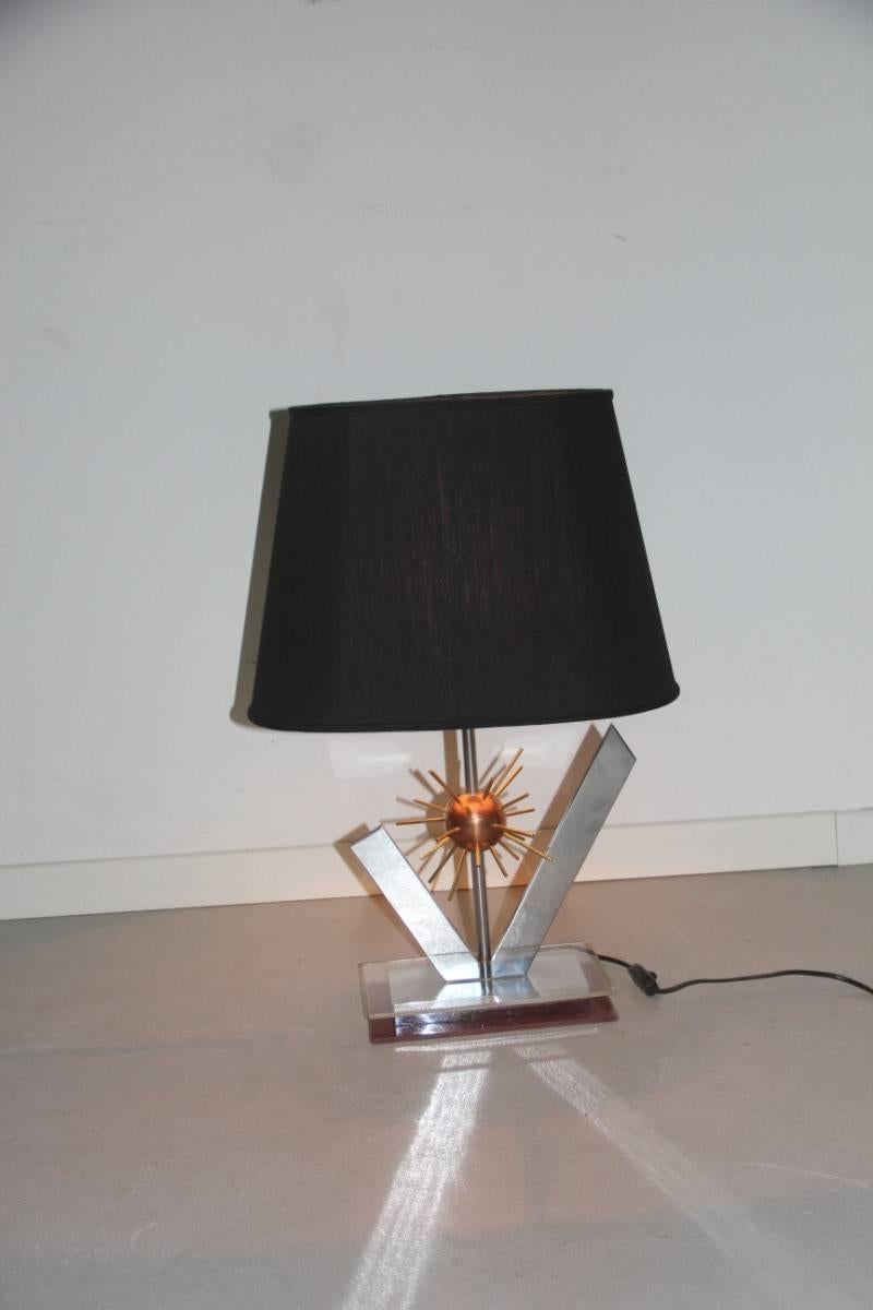 Fin du 20e siècle Lampe de bureau sculpturale Spoutnik, années 1970, acier cuivré, laiton et plexiglas Italie en vente