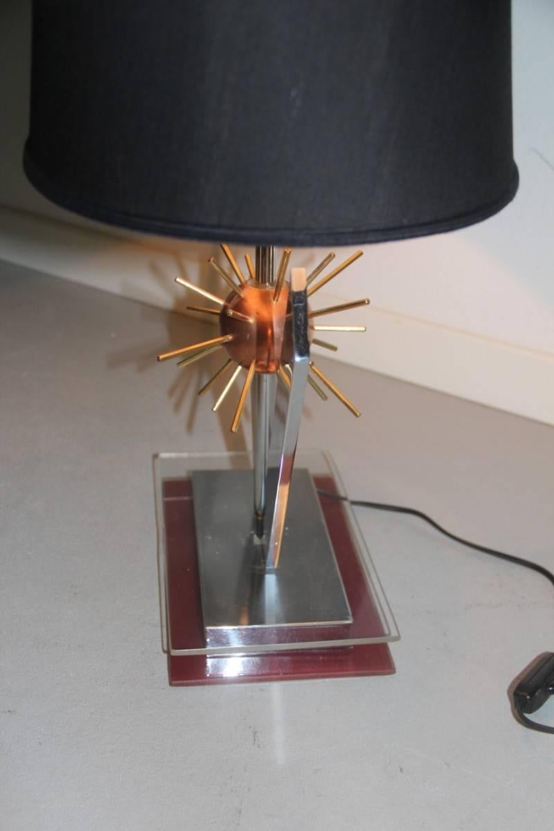 Métal Lampe de bureau sculpturale Spoutnik, années 1970, acier cuivré, laiton et plexiglas Italie en vente
