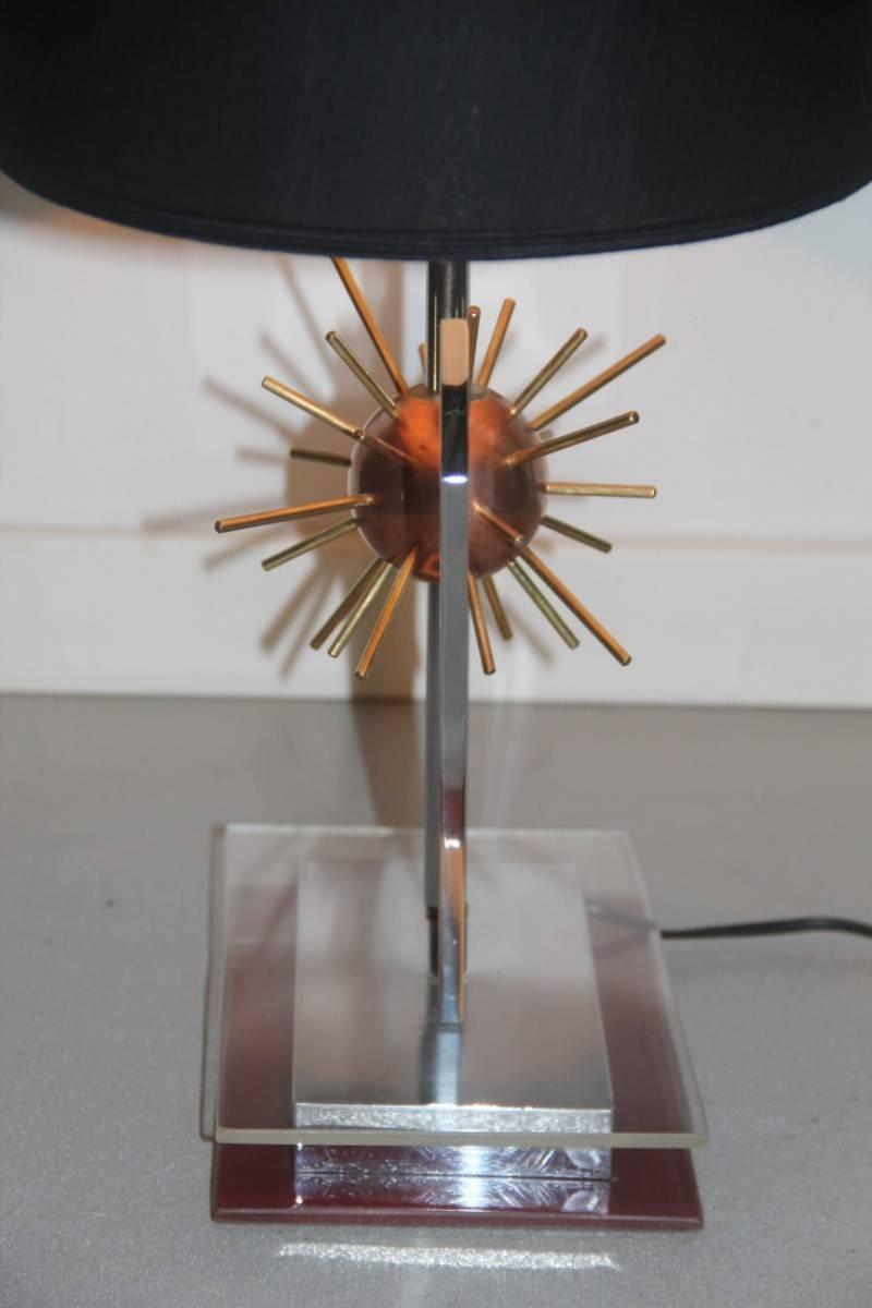 Lampe de bureau sculpturale Spoutnik, années 1970, acier cuivré, laiton et plexiglas Italie en vente 1