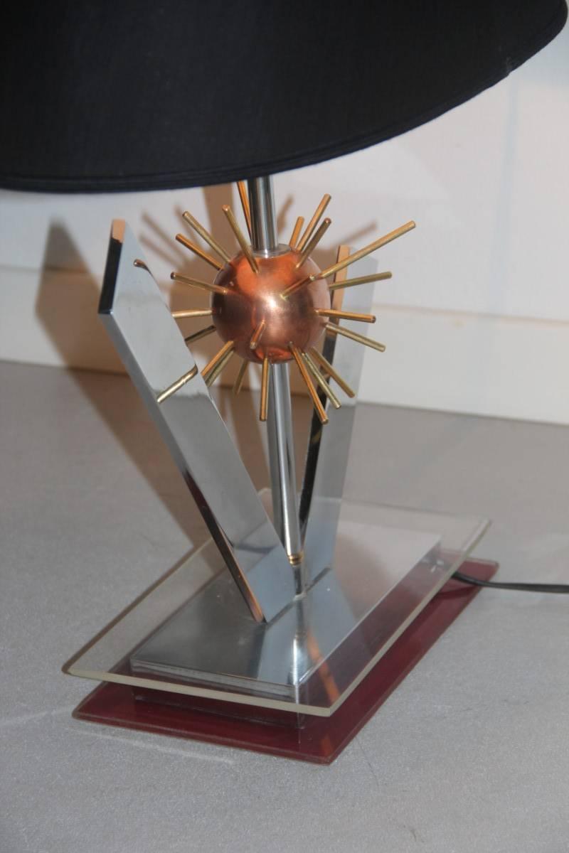 Lampe de bureau sculpturale Spoutnik, années 1970, acier cuivré, laiton et plexiglas Italie en vente 3