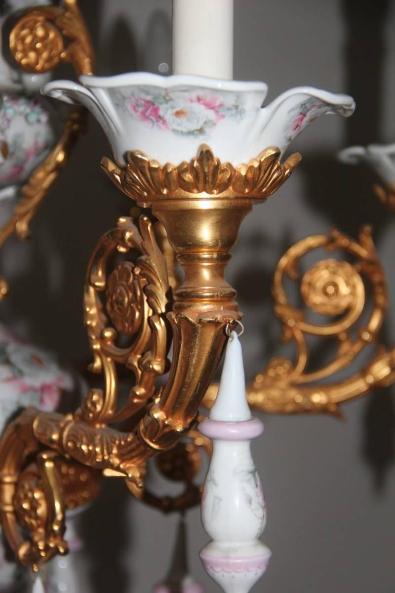 Mid-Century Modern Elegant and Luxurious Chandelier 1970 Tiche Porcelain 24-Carat Gold Bronze For Sale
