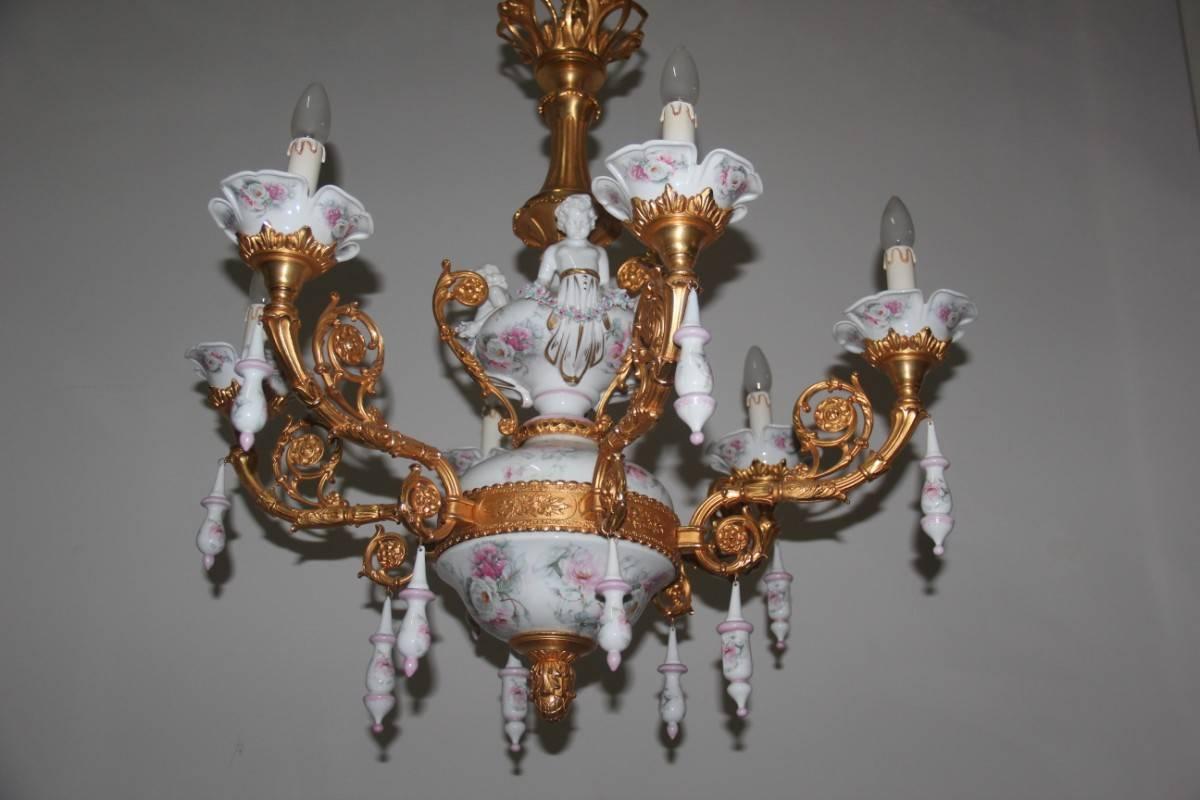 Late 20th Century Elegant and Luxurious Chandelier 1970 Tiche Porcelain 24-Carat Gold Bronze For Sale