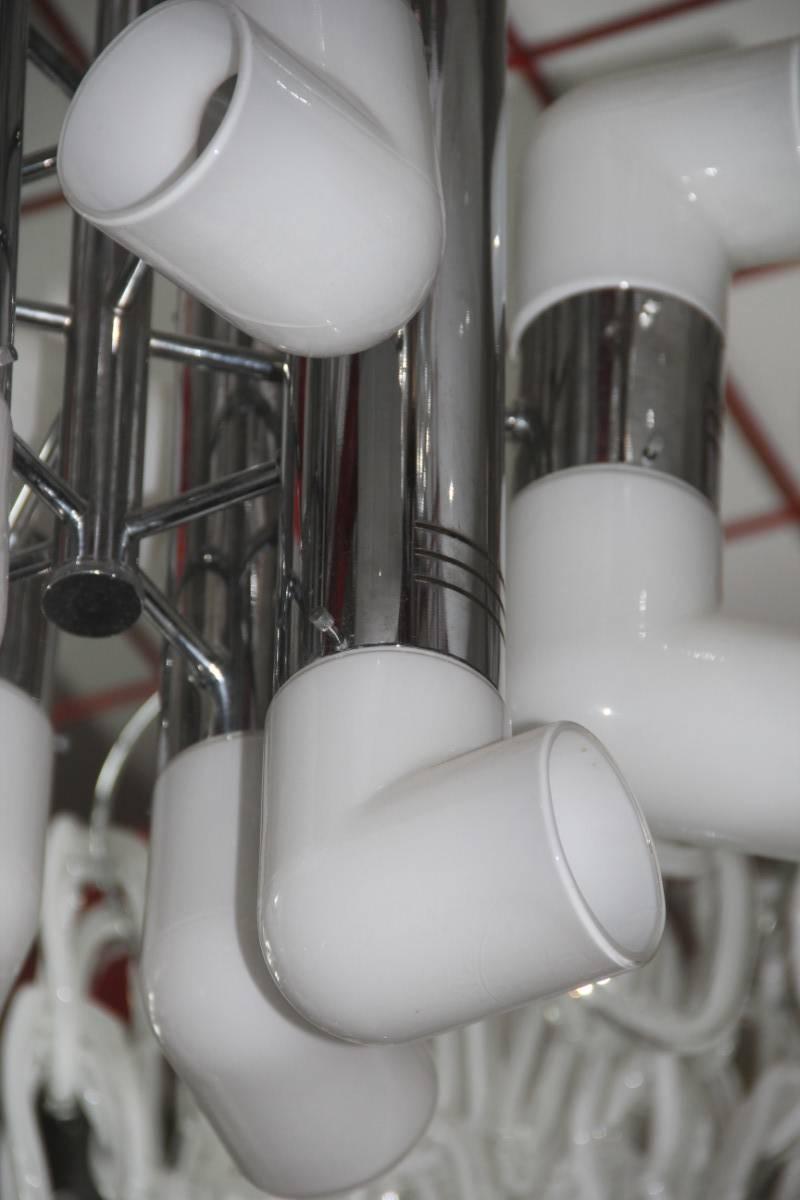 Tube chandelier in chrome and glass of white color pop art Italian design, 1970.