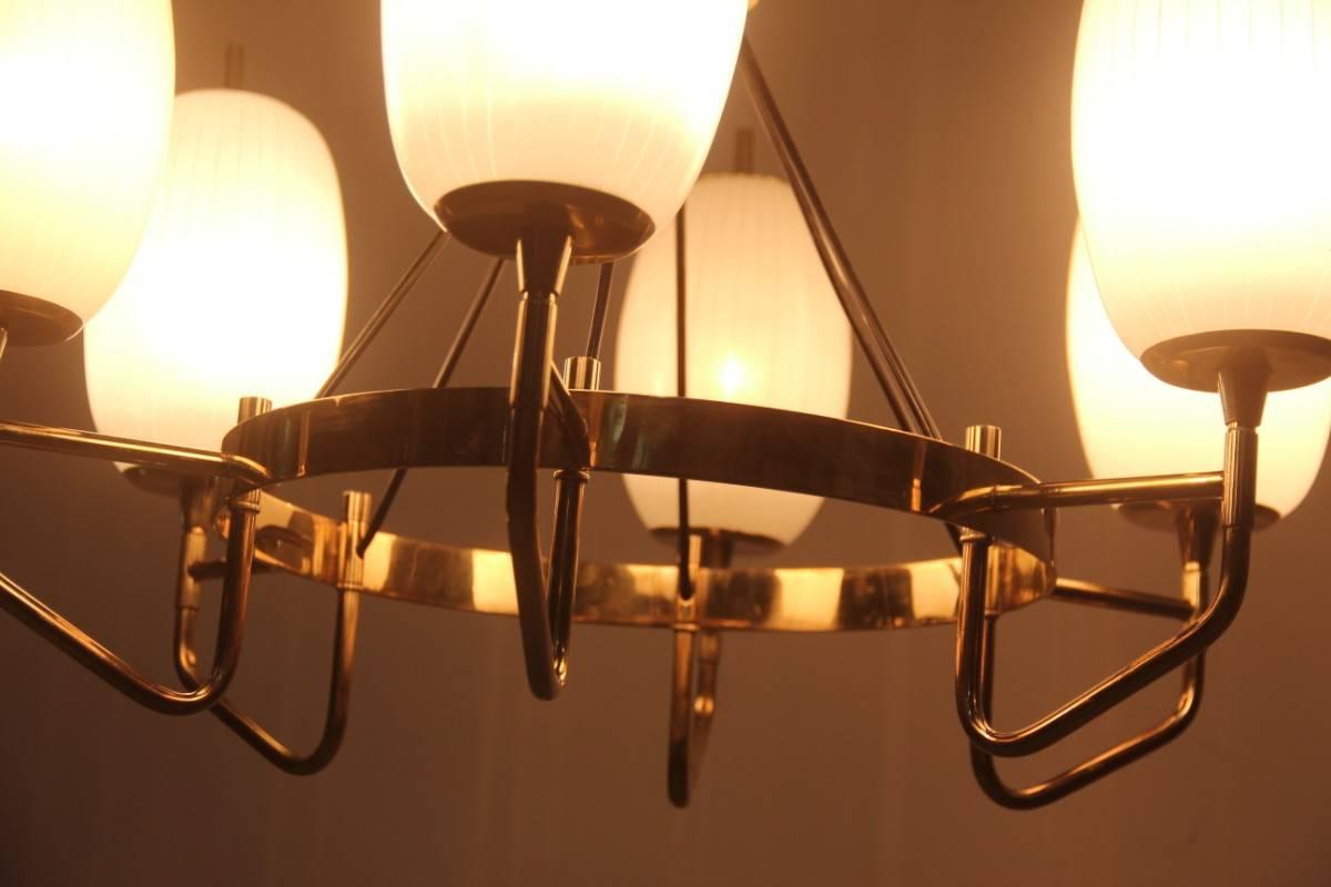 Chandelier Brass, Glass, mid century modern Italian design  1