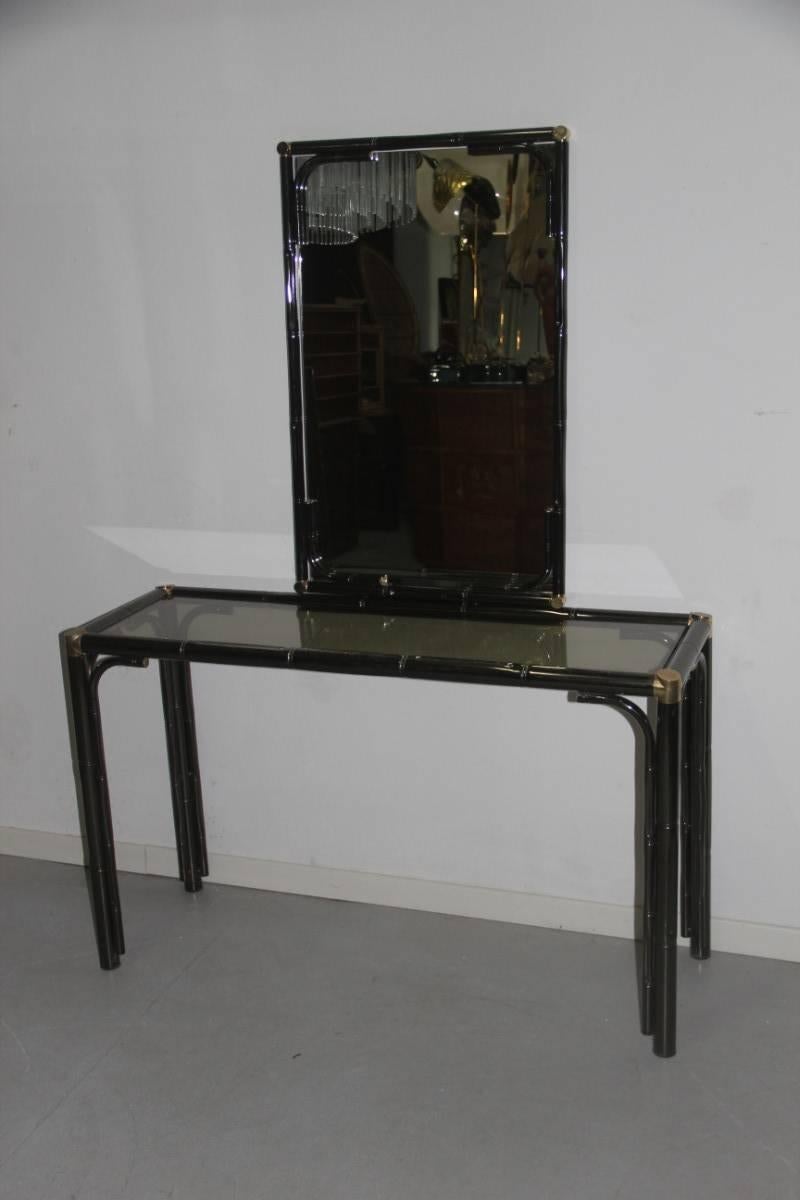 Metal Console with Italian Designer Mirror Bamboo Cane For Sale