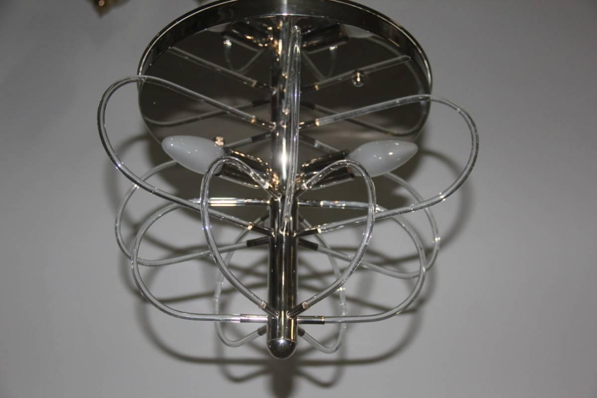 Ceiling lamp Minimal modernist design 1970 Sciolari, in chromed metal with curved glass slats.