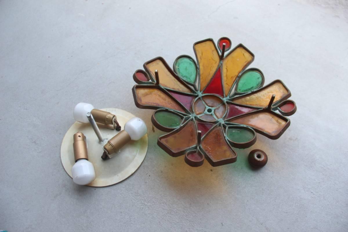 Ceiling Lamp Poliarte Design, 1950s Thick Colored Glass Sculpture Iron Gold In Excellent Condition For Sale In Palermo, Sicily