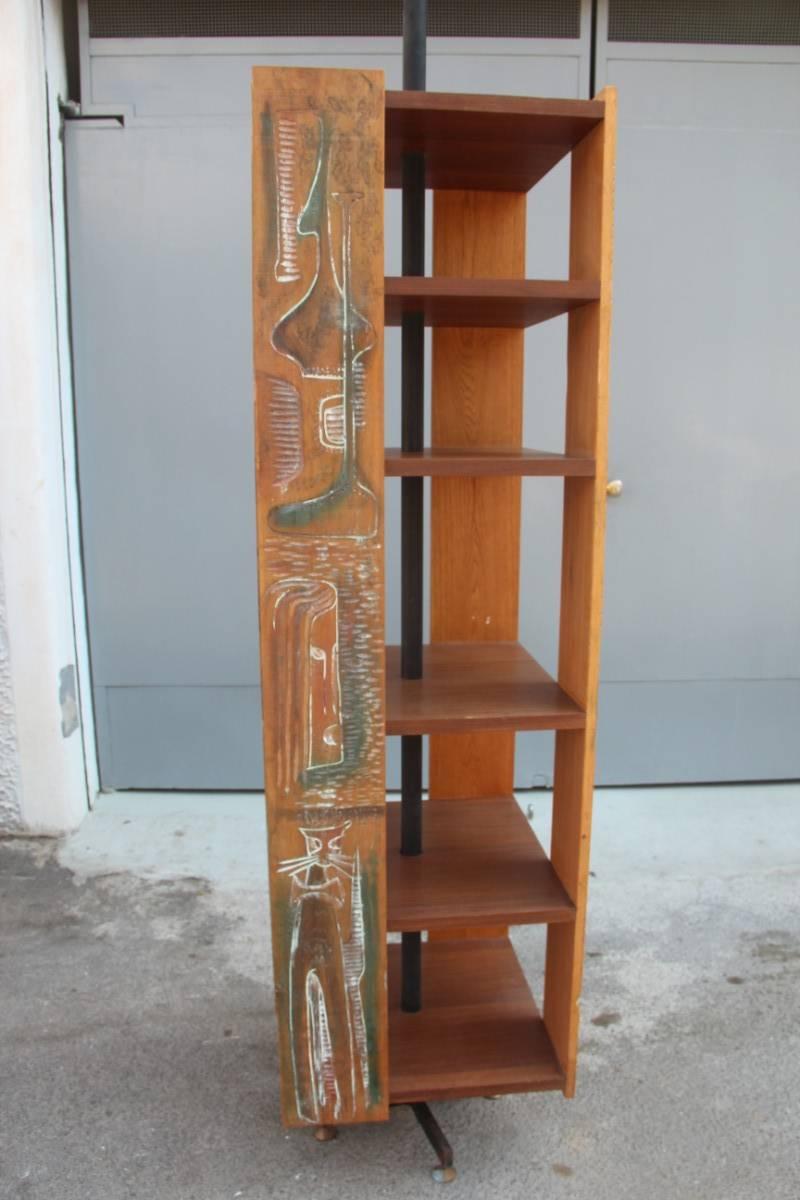 Metal Bookcase 1962 Italian Mid-Century Modern Revolving Design Sculptural Wood For Sale