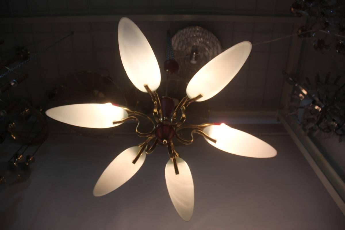 Mid-Century Modern Chandelier, Glass, Brass, Lacquered Metal Italian Design In Good Condition For Sale In Palermo, Sicily