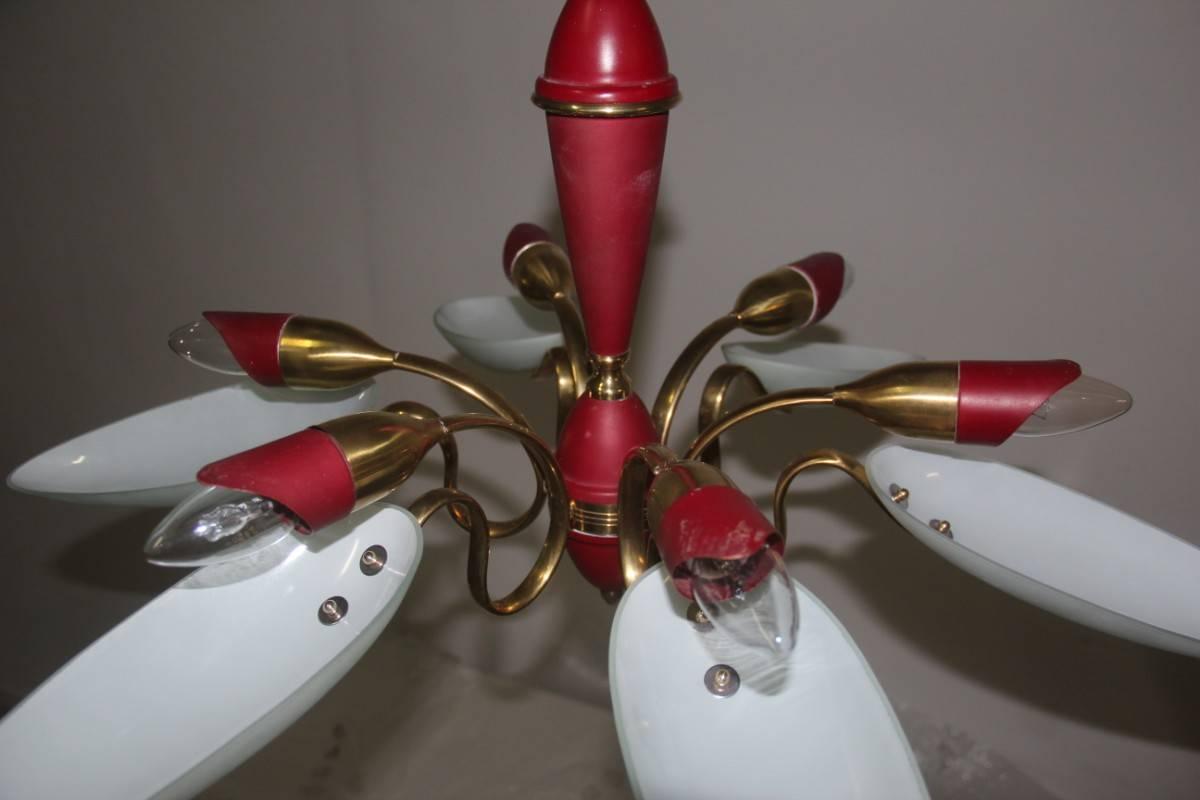 Mid-Century Modern Chandelier, Glass, Brass, Lacquered Metal Italian Design For Sale 5