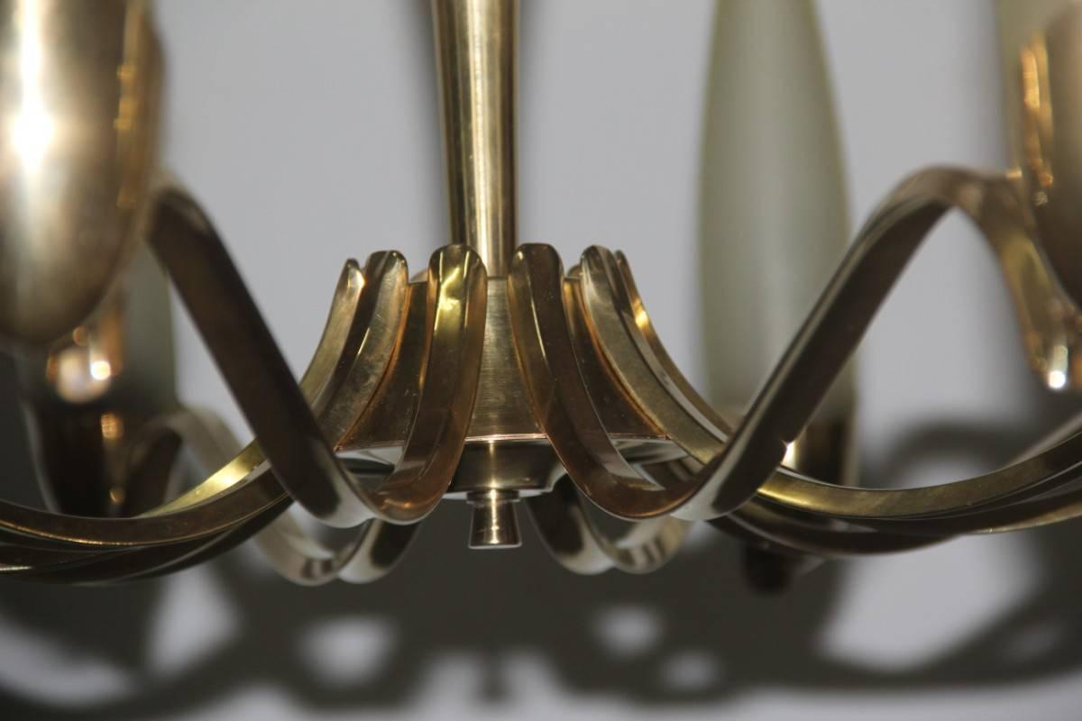 Chandelier Mid-Century Modern Italian design brass and glass satin finish, Arredoluce style.