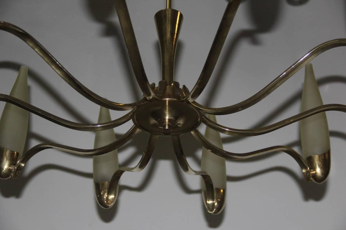 Chandelier Mid-Century Modern Italian Design Brass Glass Satin Arredoluce Style For Sale 1