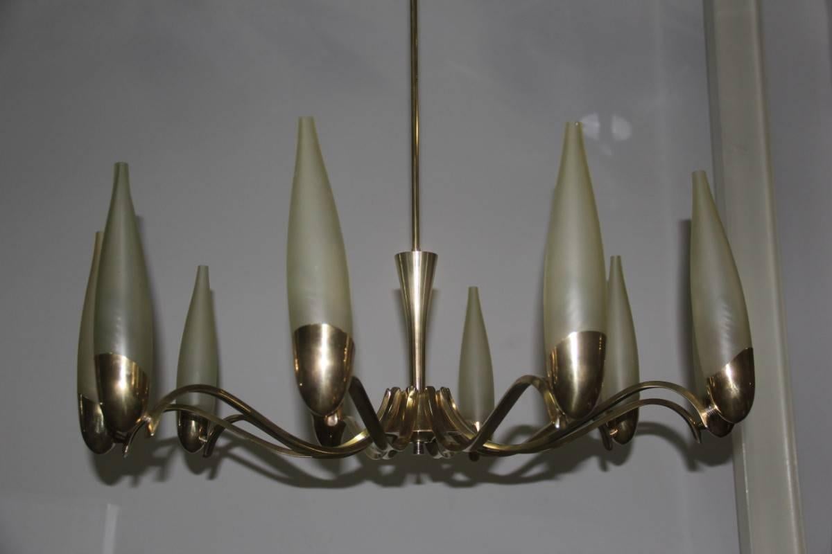Chandelier Mid-Century Modern Italian Design Brass Glass Satin Arredoluce Style For Sale 2