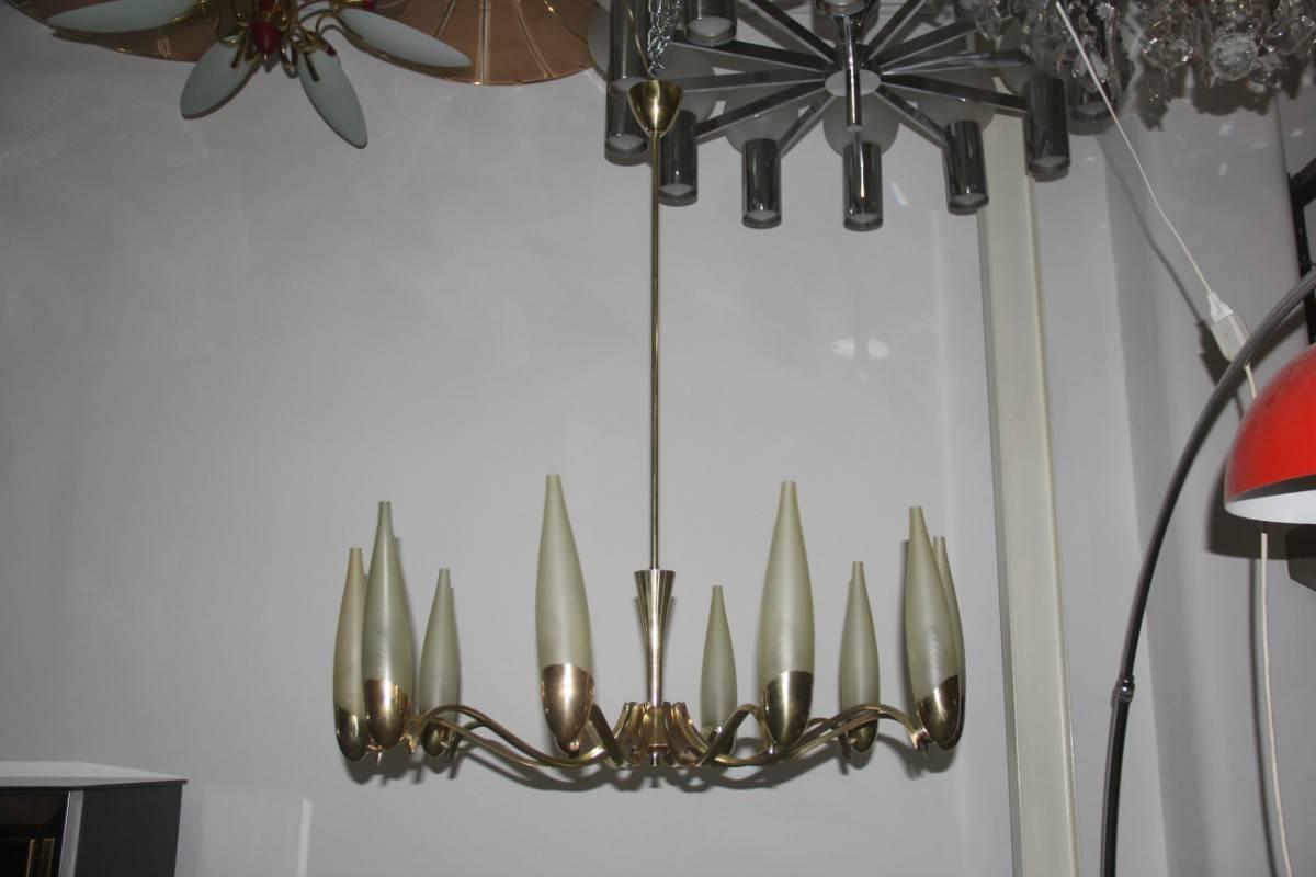 Chandelier Mid-Century Modern Italian Design Brass Glass Satin Arredoluce Style For Sale 3