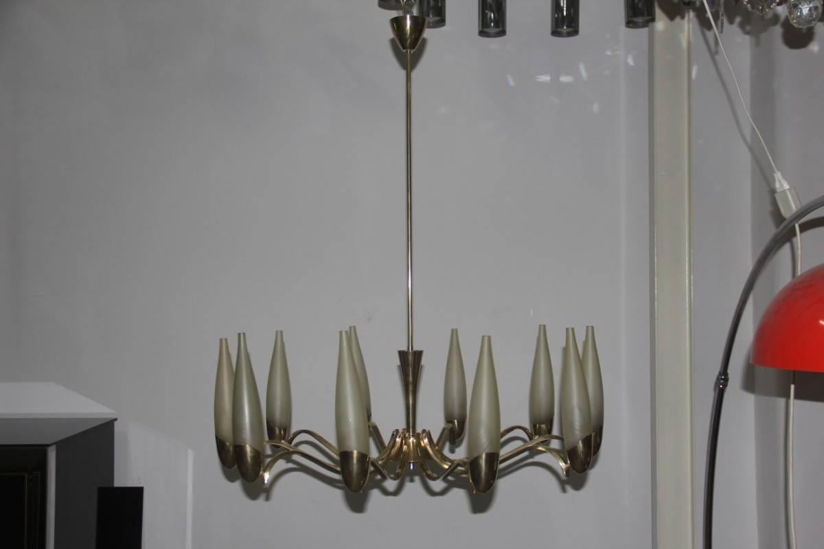 Chandelier Mid-Century Modern Italian Design Brass Glass Satin Arredoluce Style For Sale 4