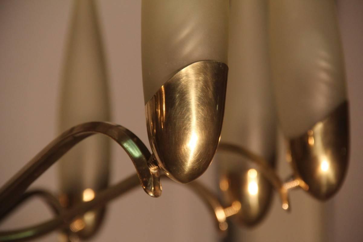 Chandelier Mid-Century Modern Italian Design Brass Glass Satin Arredoluce Style For Sale 5