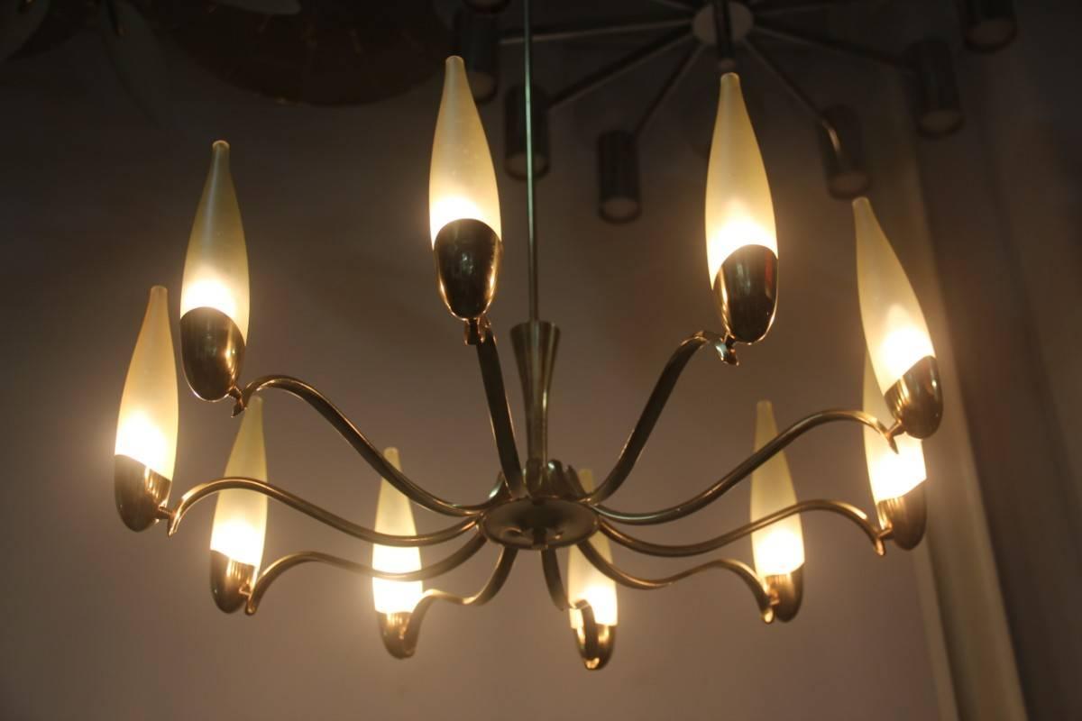 Chandelier Mid-Century Modern Italian Design Brass Glass Satin Arredoluce Style For Sale 6