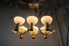 Mid-Century Modern Italian Chandelier Brass Murano Glass Sculptural Stilnovo