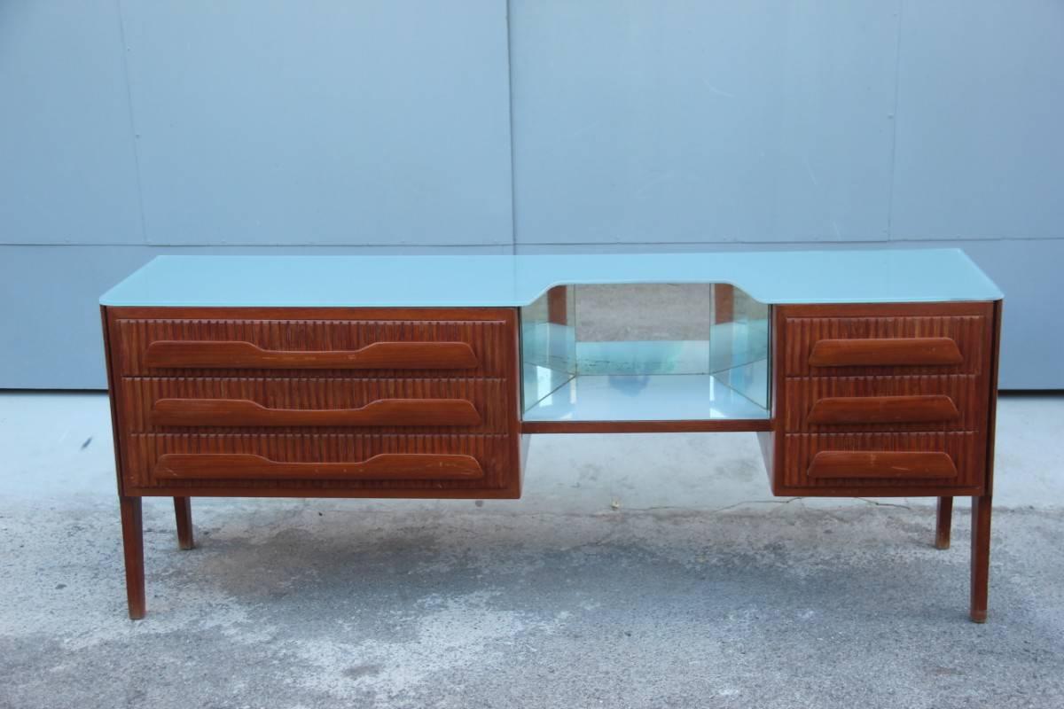 Mid-20th Century Chest of Drawers, 1950, mahogany , glass top gray Mid century modern Italian  For Sale