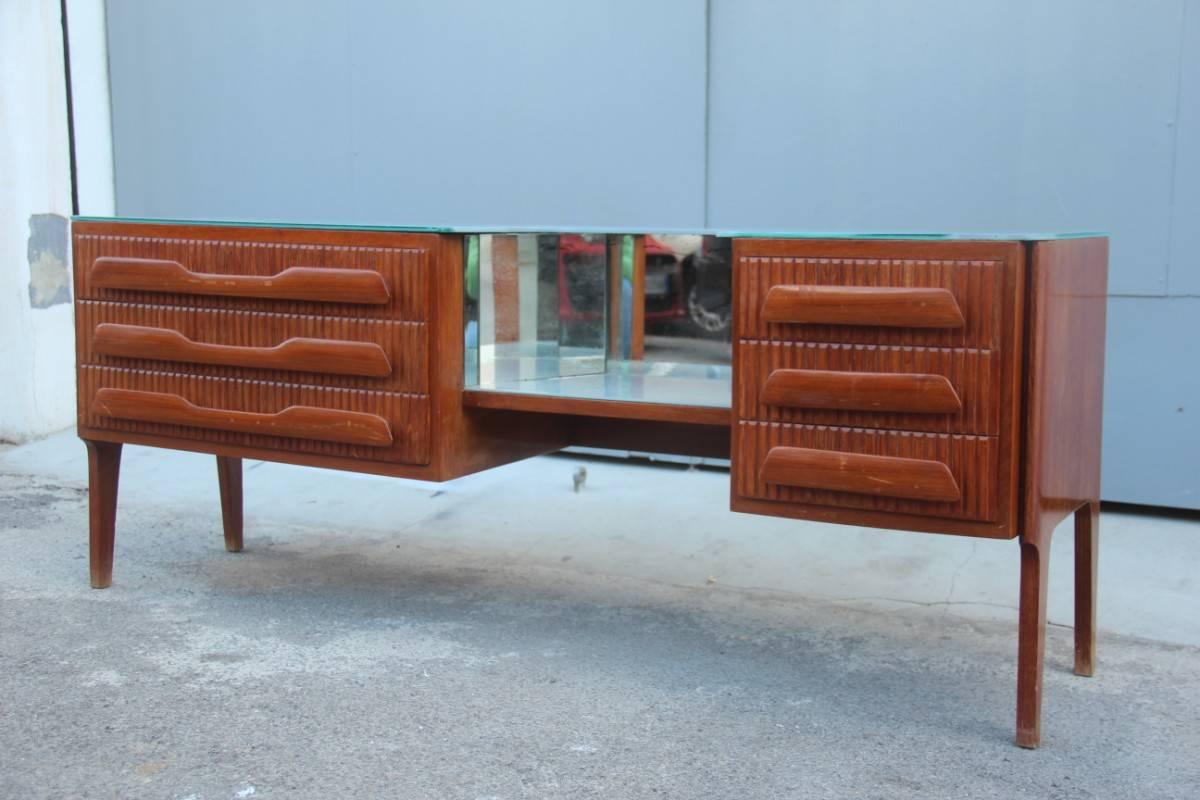 Art Glass Chest of Drawers, 1950, mahogany , glass top gray Mid century modern Italian  For Sale