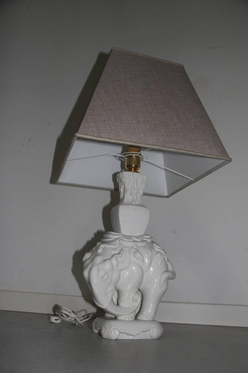 Italian Ceramic Elephant Table Lamp, 1970s Fabric dome  For Sale 2