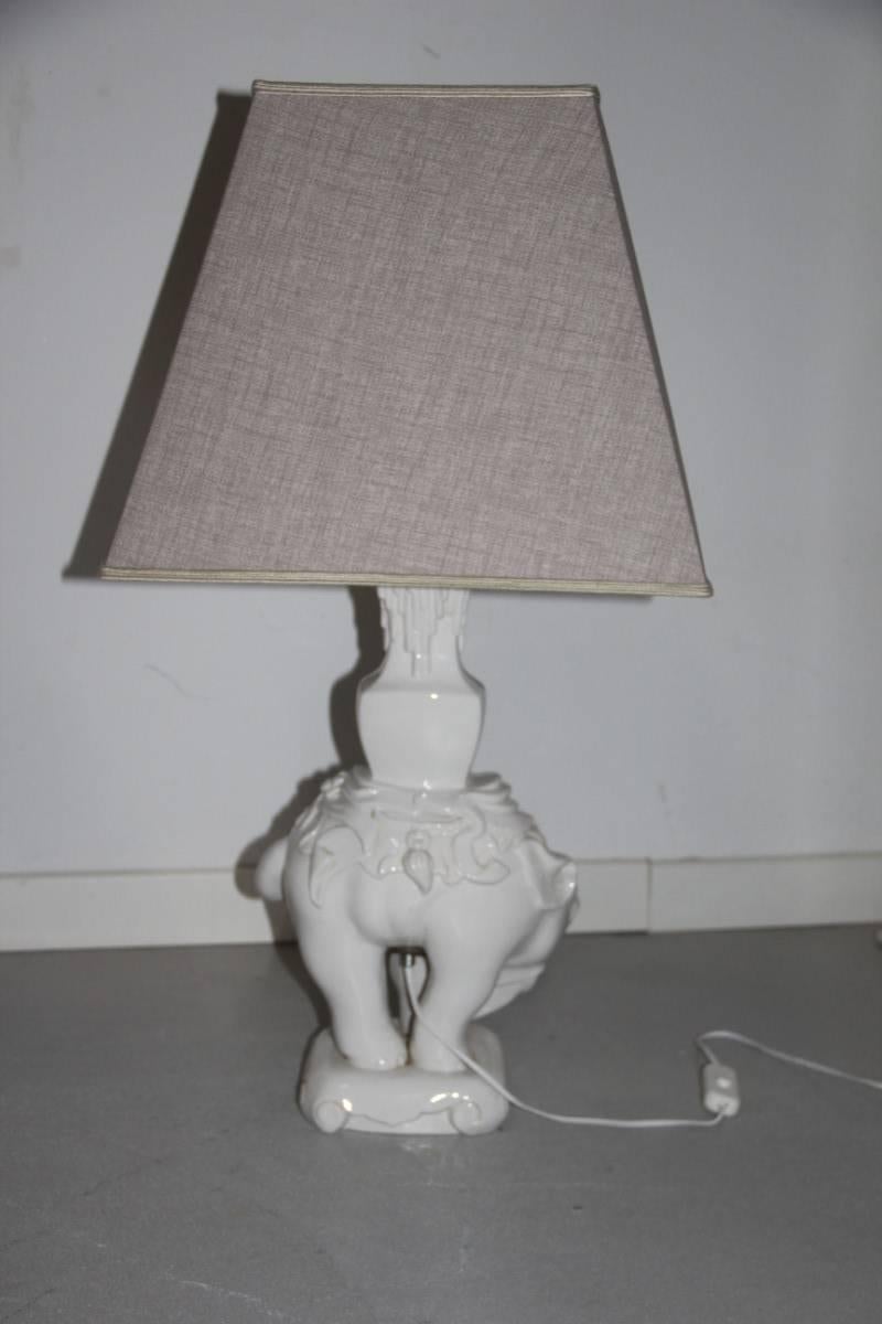 Late 20th Century Italian Ceramic Elephant Table Lamp, 1970s Fabric dome  For Sale