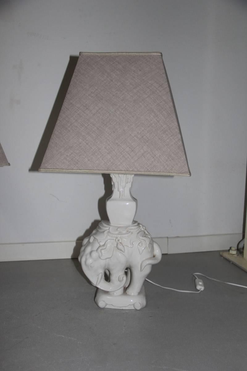 Mid-Century Modern Italian Ceramic Elephant Table Lamp, 1970s Fabric dome  For Sale