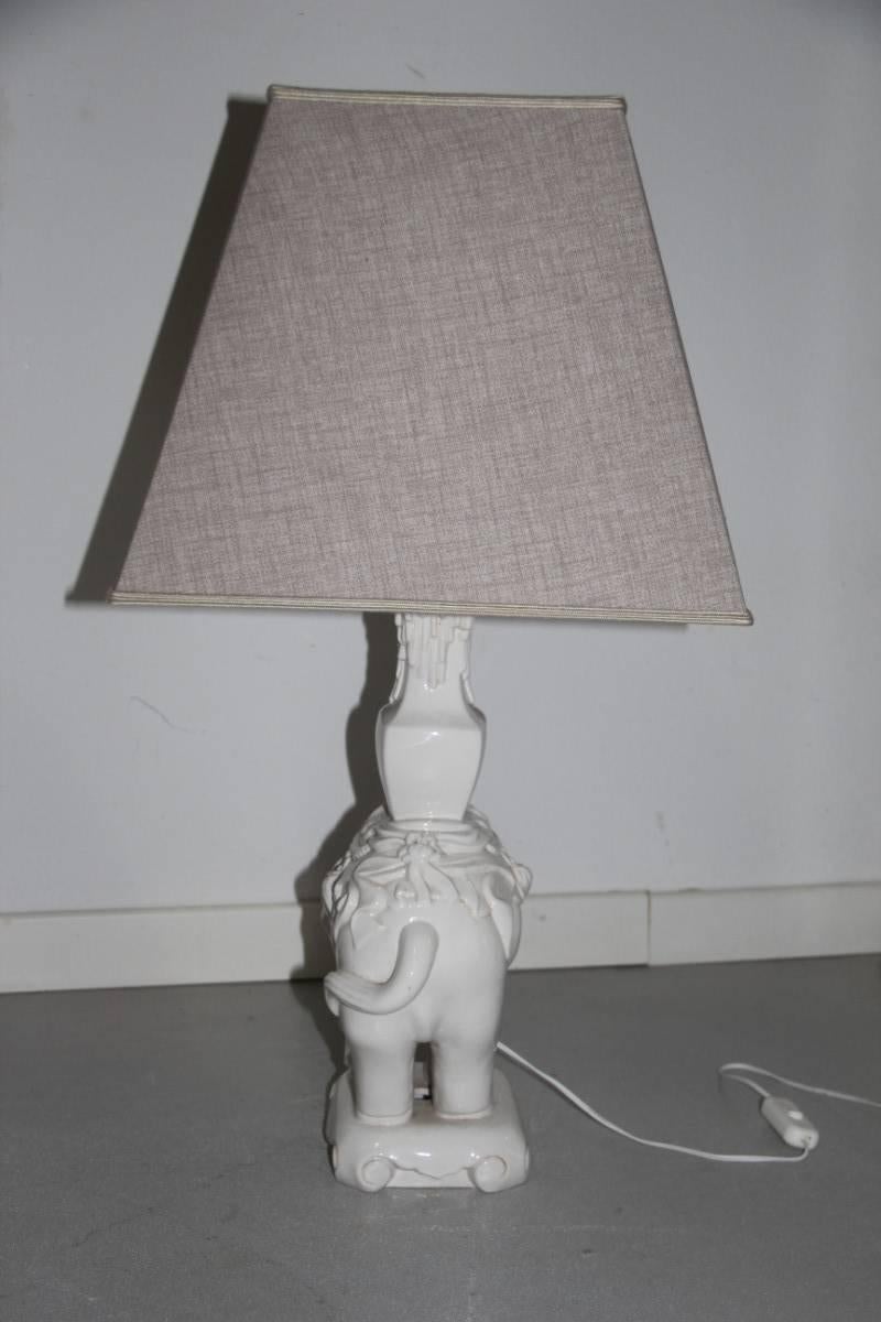 Italian Ceramic Elephant Table Lamp, 1970s Fabric dome  In Excellent Condition For Sale In Palermo, Sicily