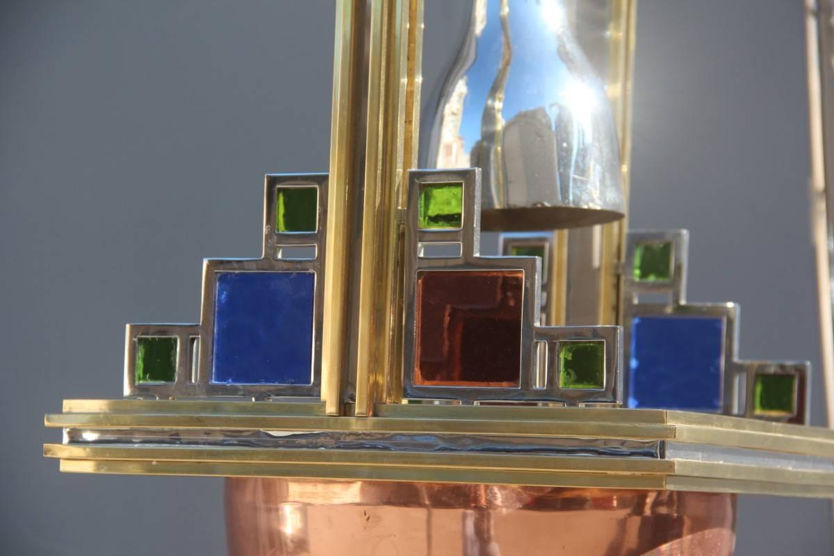 Mid-Century Modern Chandelier Romeo Rega Italian design Brass chrome and glass colored 1970