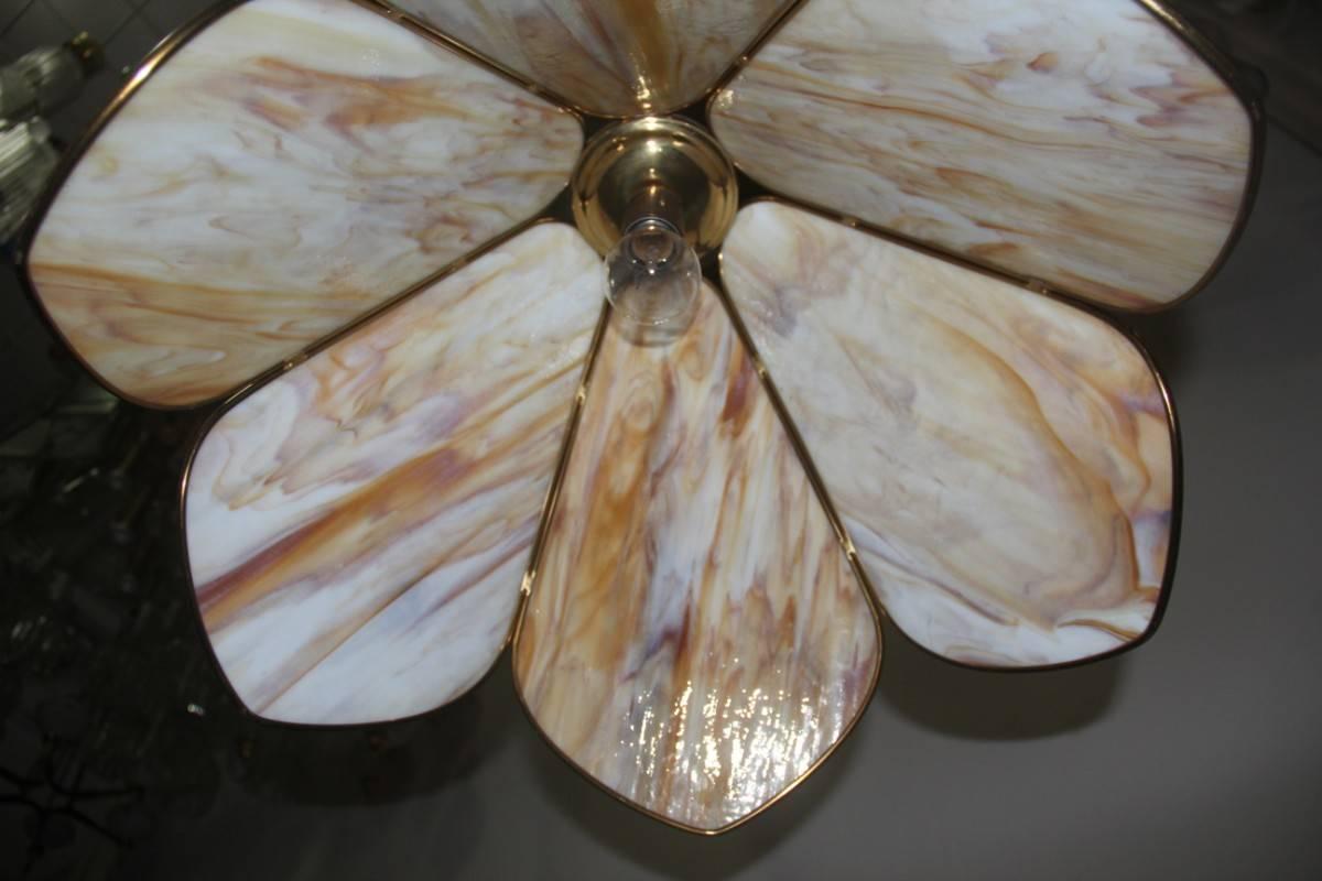 Italian Ceiling Lamp Very Chic Design Brass and Decorated Glass, 1970s In Good Condition In Palermo, Sicily