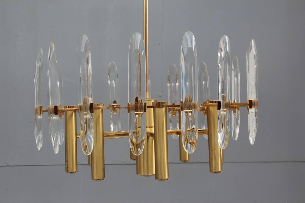 Sciolari minimal design chandelier 1970s , old gold and crystal.