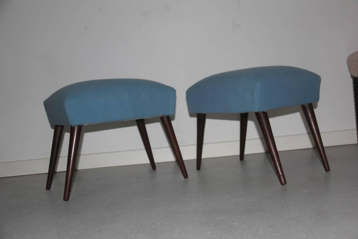 Pair of delicious Italian stools, diagonal feet, wool fabric.