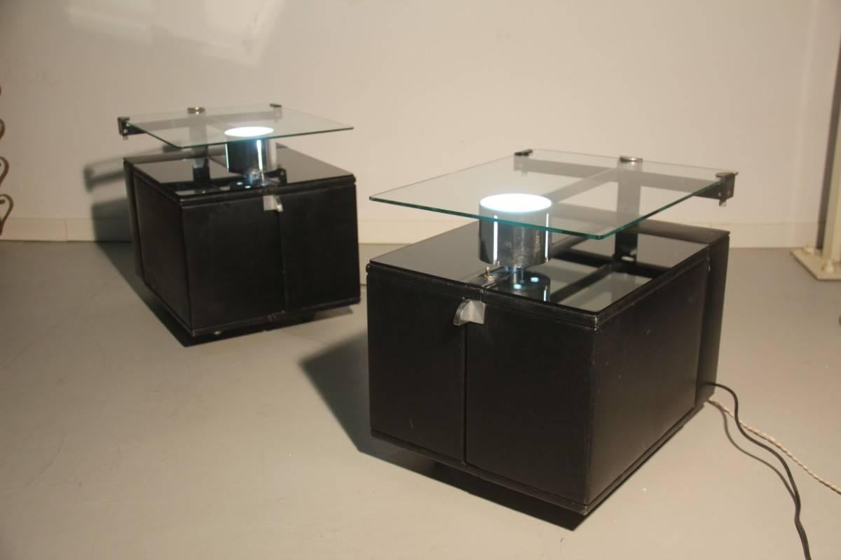 Italian Pair Of Nightstands Attributed Nanda Vigo Faux Leather Steel Glass With Light For Sale