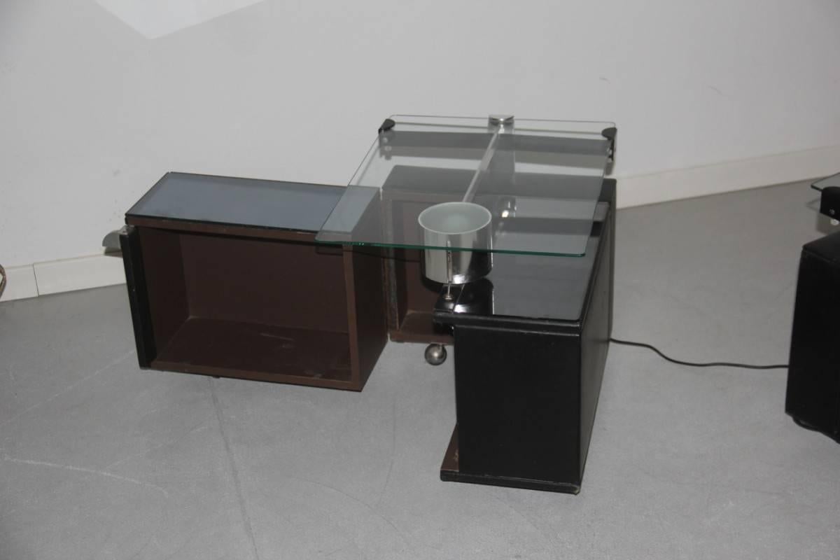 Pair Of Nightstands Attributed Nanda Vigo Faux Leather Steel Glass With Light For Sale 1