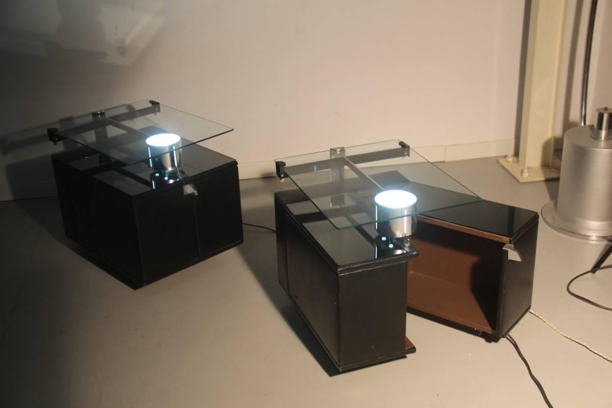 Late 20th Century Pair Of Nightstands Attributed Nanda Vigo Faux Leather Steel Glass With Light For Sale