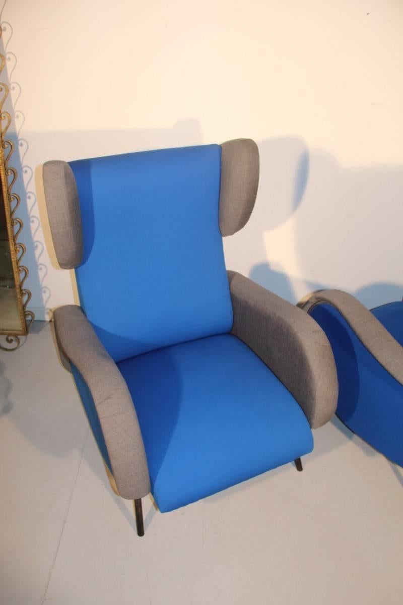 Mid-Century Modern Armchairs Italian  Design Blue Grey Color High Back  4