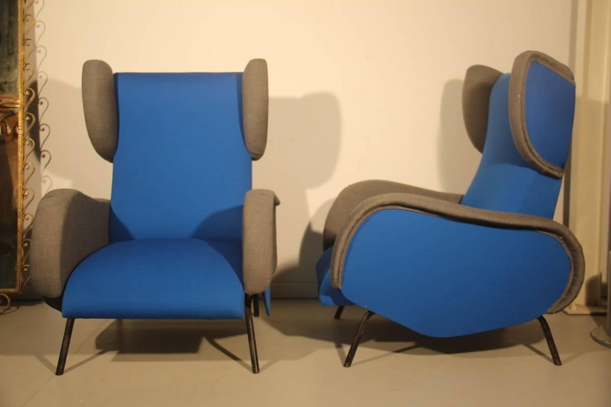 Fabric Mid-Century Modern Armchairs Italian  Design Blue Grey Color High Back 