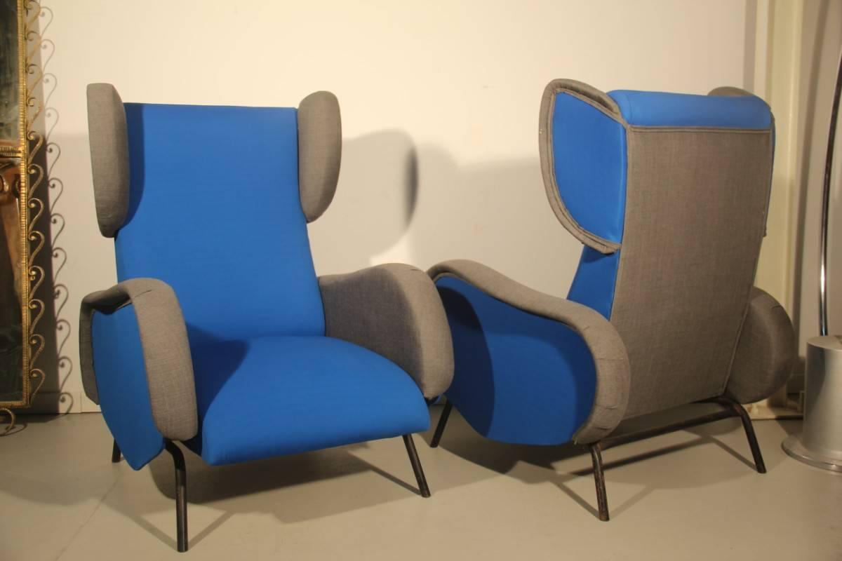 Mid-Century Modern Armchairs Italian  Design Blue Grey Color High Back  2