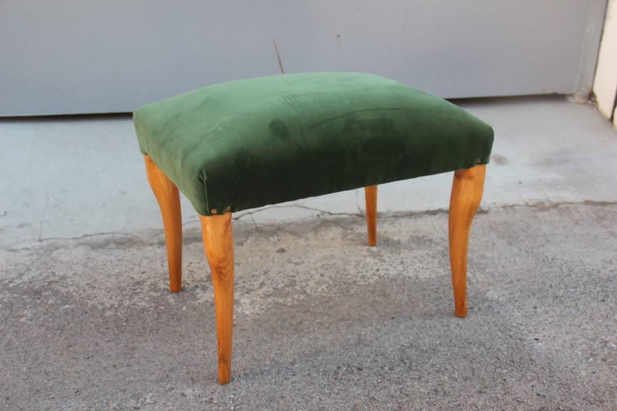 Mid-20th Century Stool Italian Mid-century Design Green Velvet Maple Wood Rectangular  For Sale