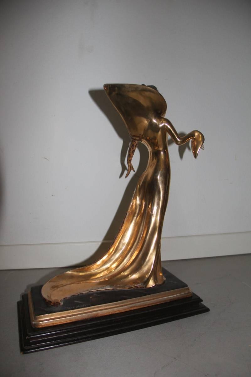 Porcelain Capodimonte Sculpture Woman Vamp 1970s Italian Design Gold Black  For Sale