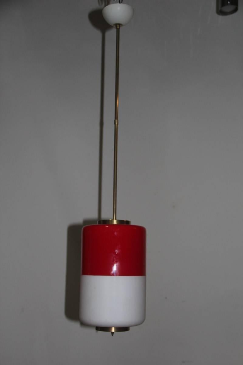 Midcentury Italian Chandelier Art Glass and Brass Italian Design Red White Color In Good Condition In Palermo, Sicily