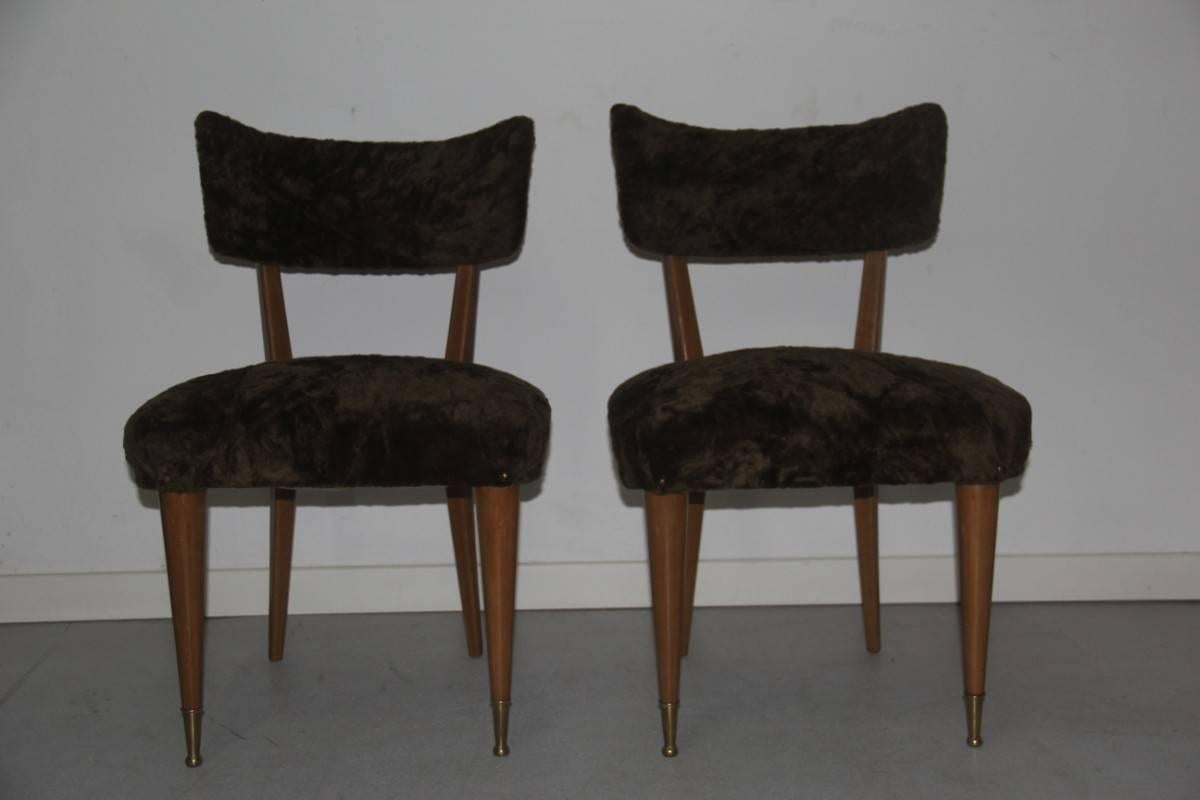 Pair of Chairs wood and chenille green Italian Mid century Modern  For Sale 1