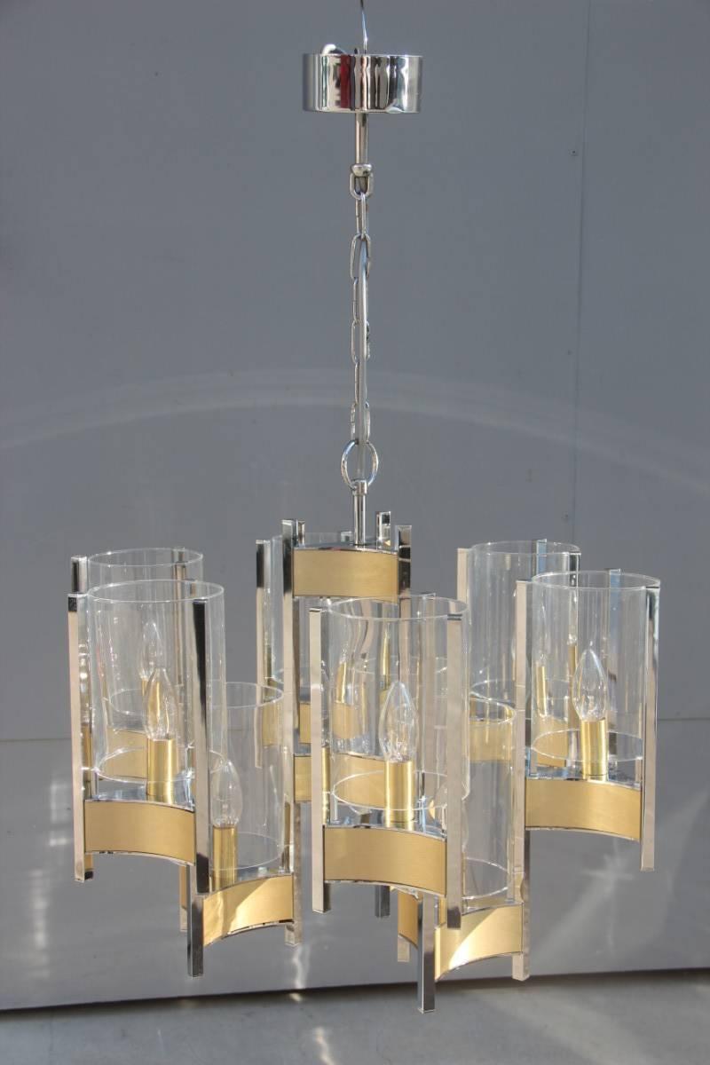 Minimalist Sciolari Minimal Sculptural Chandelier Brass and Glass Italian Design  For Sale