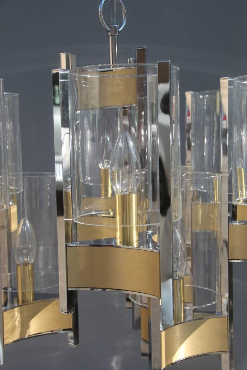 Late 20th Century Sciolari Minimal Sculptural Chandelier Brass and Glass Italian Design  For Sale