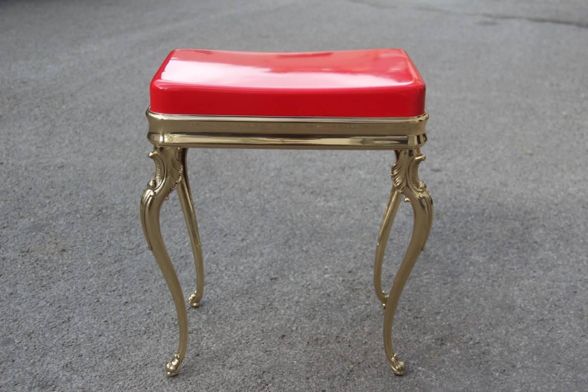 Mid-20th Century Solid Brass and Red Midcentury Plexiglass Italian Stool, 1950s For Sale